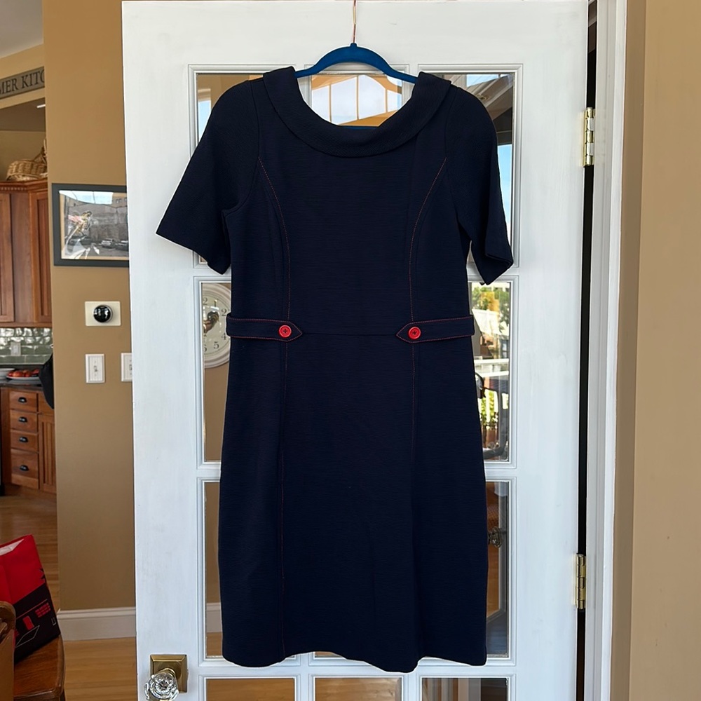 Boden Navy Dress with button and top stitching detail.